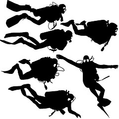 Image showing Set black silhouette scuba divers. illustration.