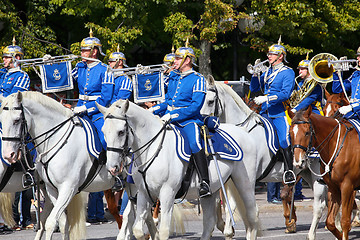 Image showing STOCKHOLM, SWEDEN - AUGUST 20, 2016: Swedish Royal Guards on hor