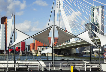 Image showing view to background of Rotterdam city harbour, future architectur