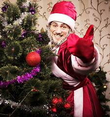 Image showing portrait of funny Santa Claus at home with christmass tree