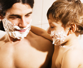 Image showing Portrait of son and father enjoying while shaving together, lifestyle people concept, happy family