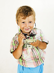 Image showing Little boy in sunglasses with money smiling, against white background