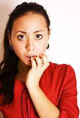 Image showing young pretty brunette woman smiling happy on white background, livestyle people concept