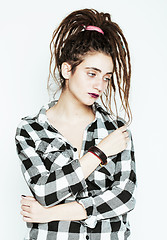 Image showing real caucasian woman with dreadlocks hairstyle funny cheerful fa