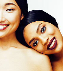 Image showing different nation woman: asian, african-american together isolated on white background happy smiling, diverse type on skin, lifestyle people concept