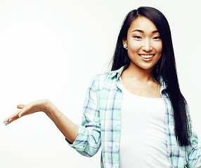 Image showing young pretty asian woman posing cheerful emotional isolated on white background, lifestyle people concept