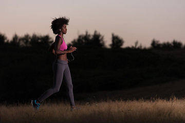 Image showing Young African american woman jogging in nature