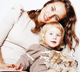 Image showing pretty real fashion mother with cute blond little daughter close up happy smiling, lifestyle people concept