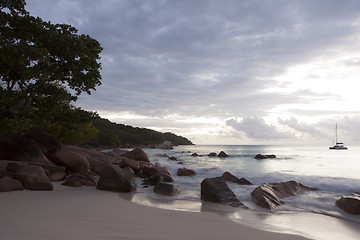 Image showing Dramatic coastline at sunset, Anse Lazio  