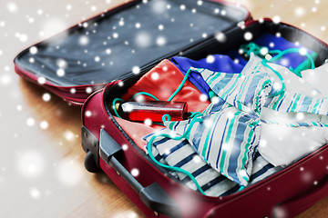 Image showing close up of travel bag with bikini and clothes