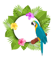 Image showing Beautiful Card with Parrot Ara, Colorful Flowers Blossom