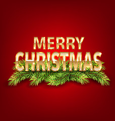 Image showing Merry Christmas Background with Golden Text and Fir Branch