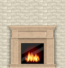 Image showing Realistic Marble Fireplace with Fire in Interior, Brick Wall