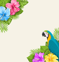 Image showing Summer Exotic Background with Parrot Ara, Hibiscus Flowers