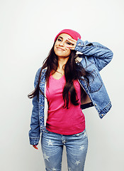 Image showing young happy smiling latin american teenage girl emotional posing on white background, lifestyle people concept