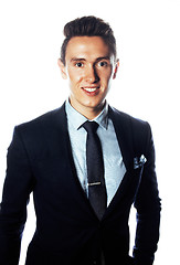 Image showing young pretty business man standing on white background, modern hairstyle, posing emotional, lifestyle people concept