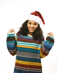 Image showing cute young real african hipster girl in santas red hat isolated 