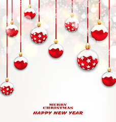 Image showing Christmas Red Glassy Balls on Shimmering Light Background