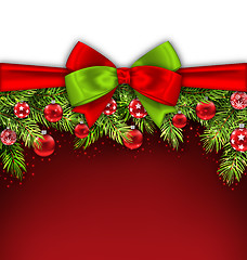 Image showing Christmas Banner with Bow Ribbon, Fir Twigs