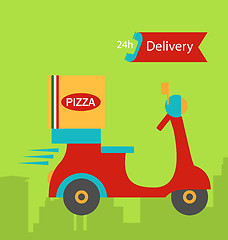 Image showing Funny pizza delivery boy riding red motor bike