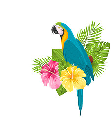 Image showing Parrot Ara, Colorful Exotic Flowers Blossom and Tropical Leaves