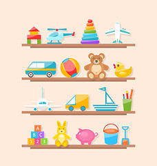 Image showing Set of Colorful Children Toys on Shelf. Cartoon Baby Joys