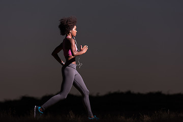 Image showing Young African american woman jogging in nature