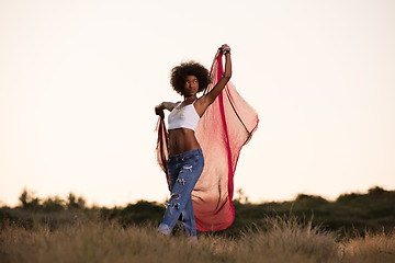 Image showing black girl dances outdoors in a meadow