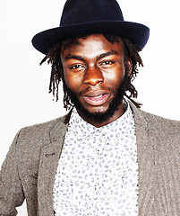 Image showing young handsome afro american boy in stylish hipster hat gesturin