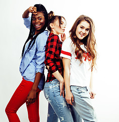 Image showing diverse multi nation girls group, teenage friends company cheerful having fun, happy smiling, cute posing isolated on white background, lifestyle people concept, african-american and caucasian