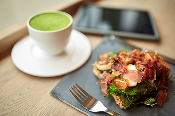 Image showing ham salad with matcha green tea at restaurant