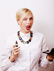 Image showing cute smiling attractive blond woman rouge lips with red color lipstick, lifestyle people concept