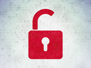 Image showing Safety concept: Opened Padlock on Digital Data Paper background