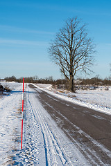 Image showing Snow stake by a country road side