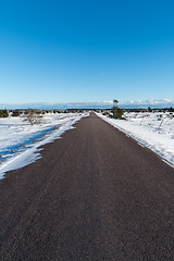 Image showing Bare asphalt road through a wintry plain landscape