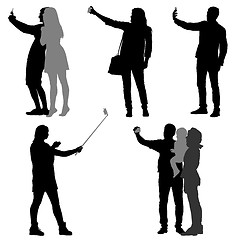 Image showing Silhouettes man and woman taking selfie with smartphone on white background. illustration