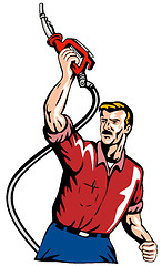 Image showing Man raising a gasoline pump nozzle