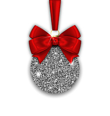 Image showing Glitter Christmas Ball and Red Bow Ribbon with Silver Surface