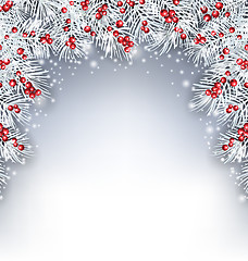 Image showing Holiday Background with Silver Fir Twigs and Holly Berries