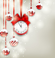 Image showing New Year Magic Background with Clock and Glass Balls