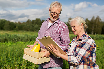Image showing senior couple with box of vegetables at farm