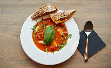 Image showing plate of delicious gazpacho soup at restaurant