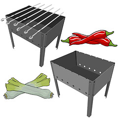 Image showing black BBQ Grill with onions and red pepper on white background