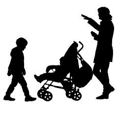 Image showing Black silhouettes Family with pram on white background. illustration