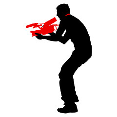 Image showing Cameraman with video camera. Silhouettes on white background. illustration