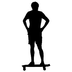 Image showing Black silhouettes man standing on a skateboard white background. illustration