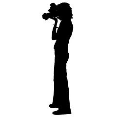 Image showing Cameraman with video camera. Silhouettes on white background. illustration