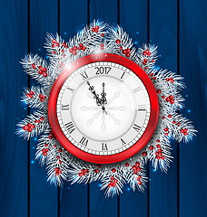 Image showing Christmas Fir Twigs with Clock for 2017 New Year