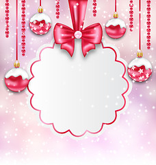 Image showing Christmas Silver Glassy Balls with Clean Card with Bow Ribbon