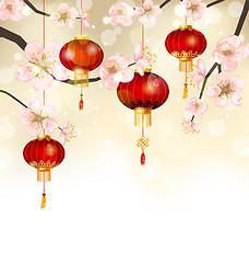 Image showing Background with Cherry Blossom and Hanging Lanterns